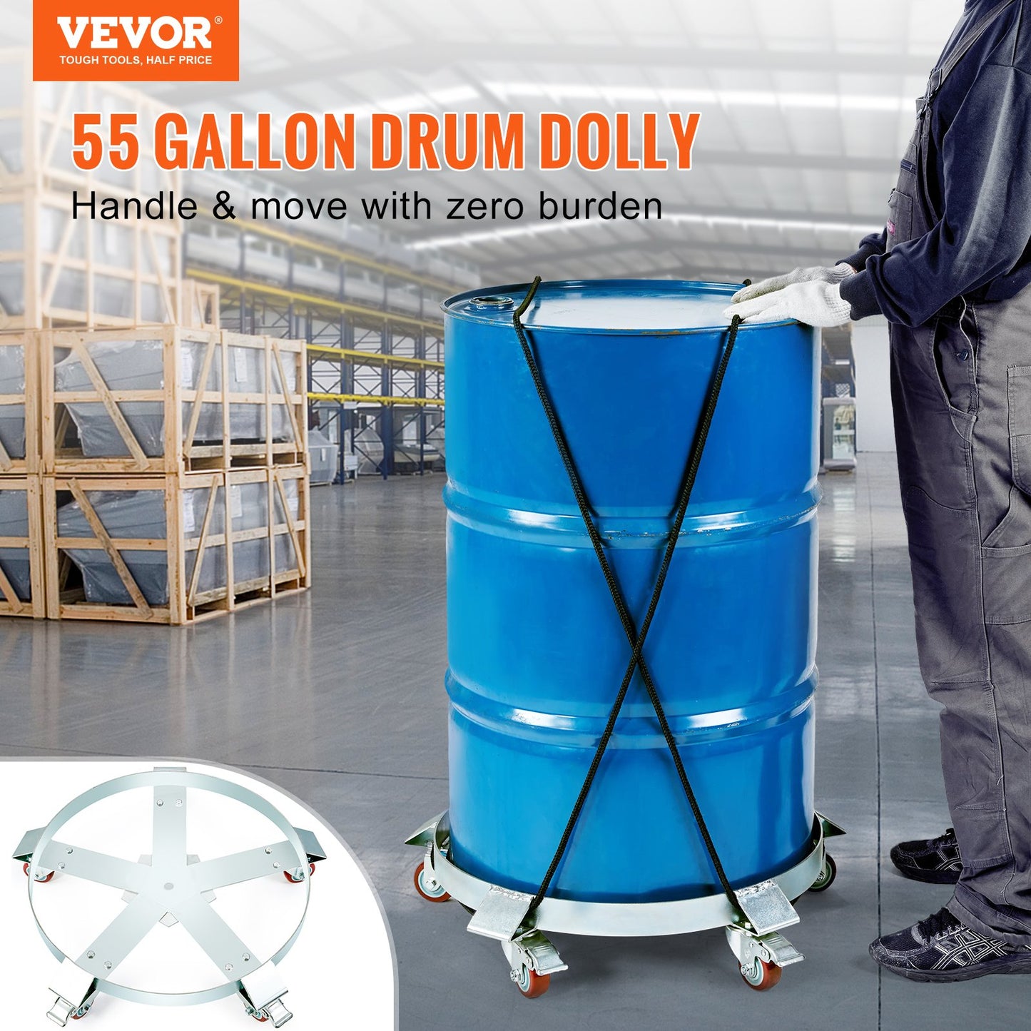 55 Gallon Heavy Duty Drum Dolly, 1250lbs Load Capacity, Barrel Dolly Cart Drum Caddy, Non Tipping Hand Truck Capacity Dollies with Steel Frame 5 Swivel Caster Wheels, for Warehouse Drum Handling