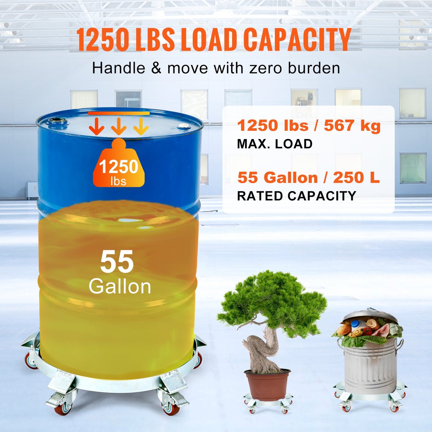 55 Gallon Heavy Duty Drum Dolly, 1250lbs Load Capacity, Barrel Dolly Cart Drum Caddy, Non Tipping Hand Truck Capacity Dollies with Steel Frame 5 Swivel Caster Wheels, for Warehouse Drum Handling