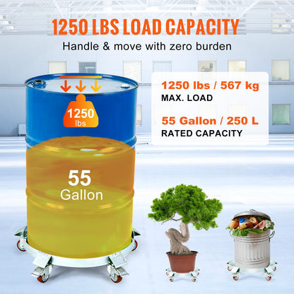 55 Gallon Heavy Duty Drum Dolly, 1250lbs Load Capacity, Barrel Dolly Cart Drum Caddy, Non Tipping Hand Truck Capacity Dollies with Steel Frame 5 Swivel Caster Wheels, for Warehouse Drum Handling