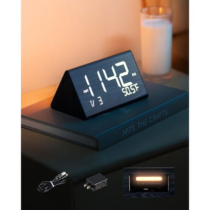 Digital Alarm Clock, Wooden Desk Clock with Dual Alarm, USB Port, Snooze, Night Light, Voice Control, Adjustable Volume, Bedside Desktop Clock with Charger for Bedroom, Kitchen, Office, Black