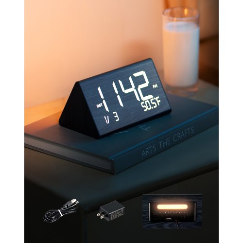 Digital Alarm Clock, Wooden Desk Clock with Dual Alarm, USB Port, Snooze, Night Light, Voice Control, Adjustable Volume, Bedside Desktop Clock with Charger for Bedroom, Kitchen, Office, Black