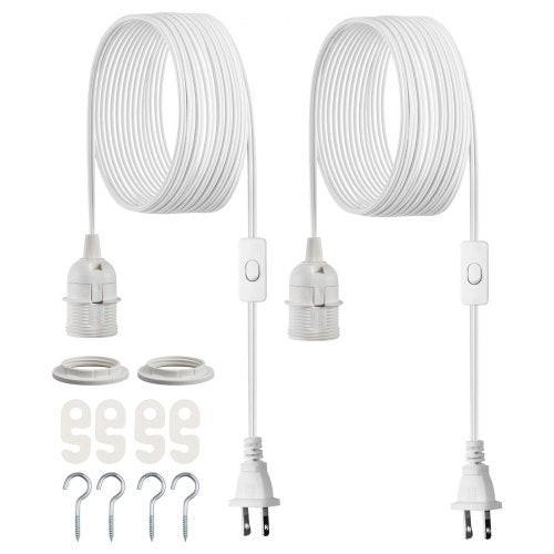 Plug in Hanging Light Cord Kit, 16ft Lantern Extension Cords, 2 Pack E26 Light Socket Lamp Cord Replacement, Secure & Sturdy, Easy to Install, Pendant Lamp Kit On/Off Switch & Socket Rings