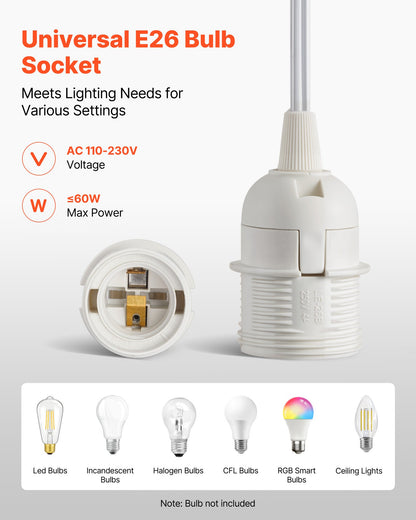 Plug in Hanging Light Cord Kit, 16ft Lantern Extension Cords, 2 Pack E26 Light Socket Lamp Cord Replacement, Secure & Sturdy, Easy to Install, Pendant Lamp Kit On/Off Switch & Socket Rings