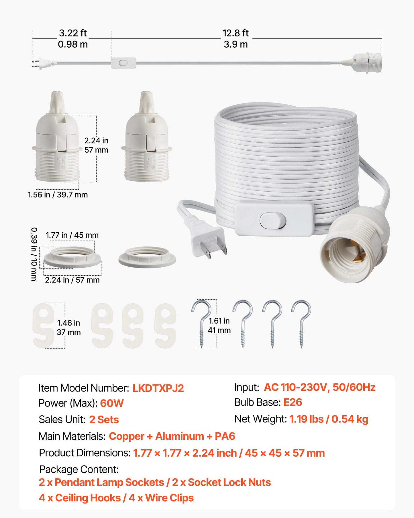 Plug in Hanging Light Cord Kit, 16ft Lantern Extension Cords, 2 Pack E26 Light Socket Lamp Cord Replacement, Secure & Sturdy, Easy to Install, Pendant Lamp Kit On/Off Switch & Socket Rings