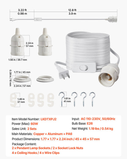 Plug in Hanging Light Cord Kit, 16ft Lantern Extension Cords, 2 Pack E26 Light Socket Lamp Cord Replacement, Secure & Sturdy, Easy to Install, Pendant Lamp Kit On/Off Switch & Socket Rings