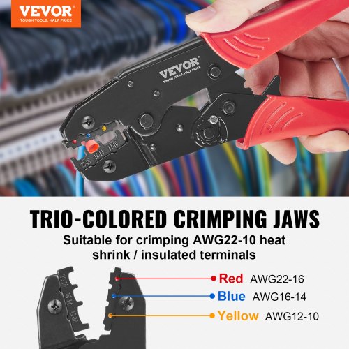 Crimp Tool, AWG22-10 Heat Shrink/Nylon/Insulated Terminal Crimper, Labor-Saving Latching Wire Crimping Pliers with a Pair of Gloves, a Stripper and 210 Pcs Crimping Pliers | EU