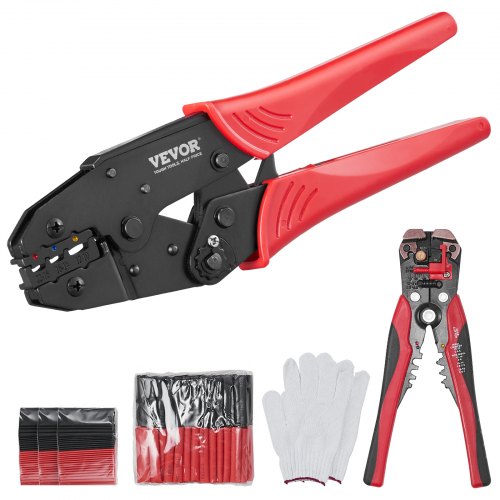 Ratcheting Crimping Tool Set For Insulated Electrical Connectors AWG22-10 with Wire Stripper and 210pcs Heat Shrink Tubes Labor-Saving Ratcheting Wire Crimp Pliers
