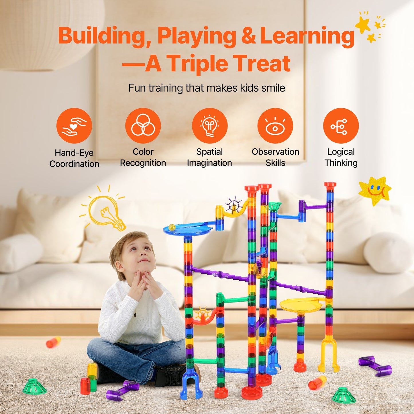 Marble Run Set, 145 Piece Marble Maze Building Block Brain Game, with 5 Glow in the Dark Marbles + 40 Glass Marbles, Educational Learning Race Track STEM Toys, for Kids, Boys, Girls Ages 3 +