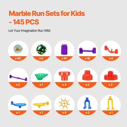 Marble Run Set, 145 Piece Marble Maze Building Block Brain Game, with 5 Glow in the Dark Marbles + 40 Glass Marbles, Educational Learning Race Track STEM Toys, for Kids, Boys, Girls Ages 3 +