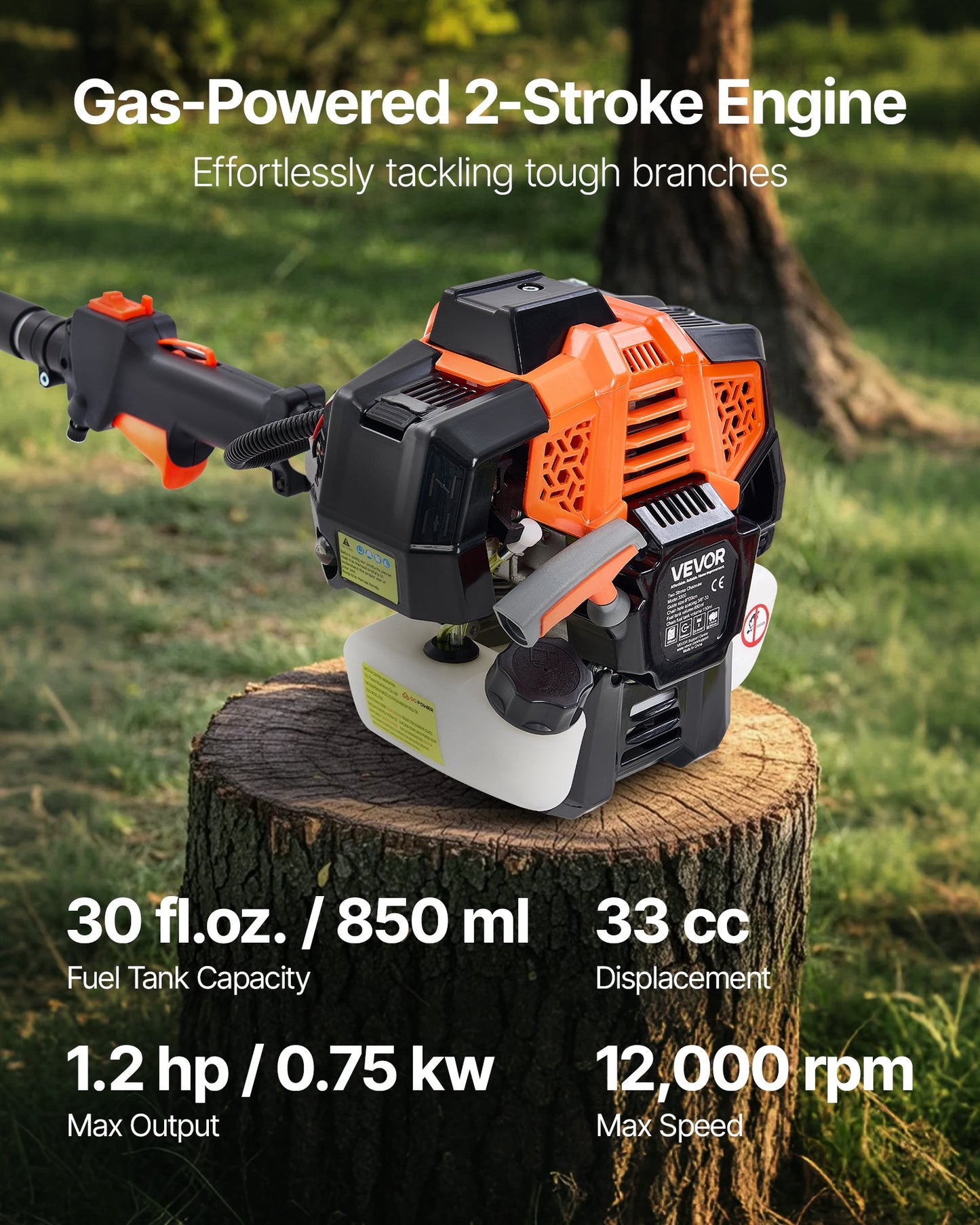 Gas Pole Saw, 33CC 2 Stroke Gas Powered Pole Saws with 8 in Cutting Bar, Cordless Tree Trimmer with 30 fl.oz Fuel Tank, 6.7 to 11.6 ft Extendable, Powerful Chainsaw for Tree Trimming Pruning