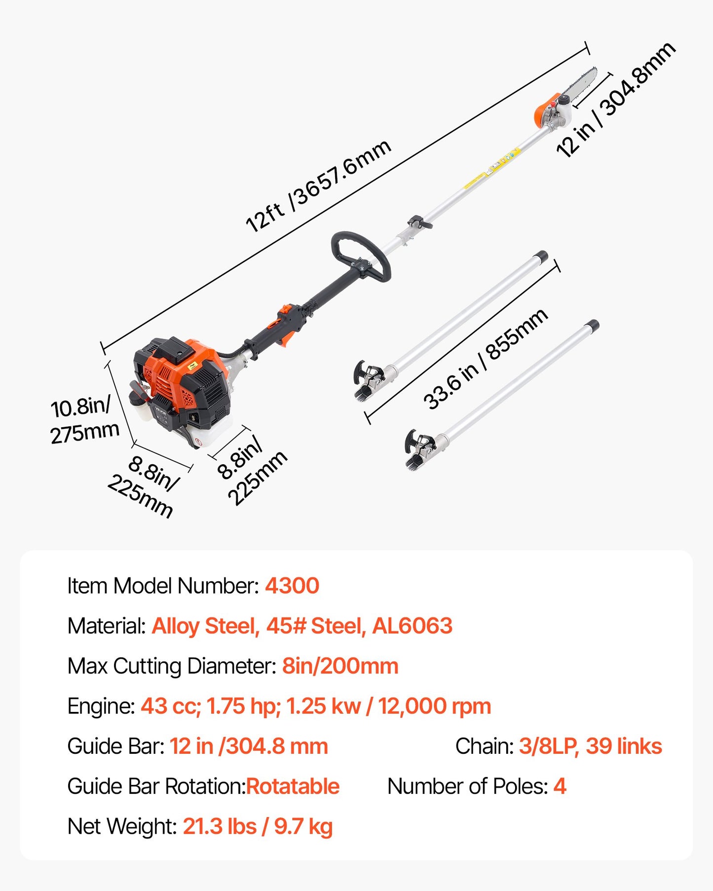 Gas Pole Saw, 43CC 2 Stroke Gas Powered Pole Saws with 12 in Cutting Bar, Cordless Tree Trimmer with Rotatable Head, 7.1 to 12 ft Extendable, Powerful Chainsaw for Tree Trimming Pruning