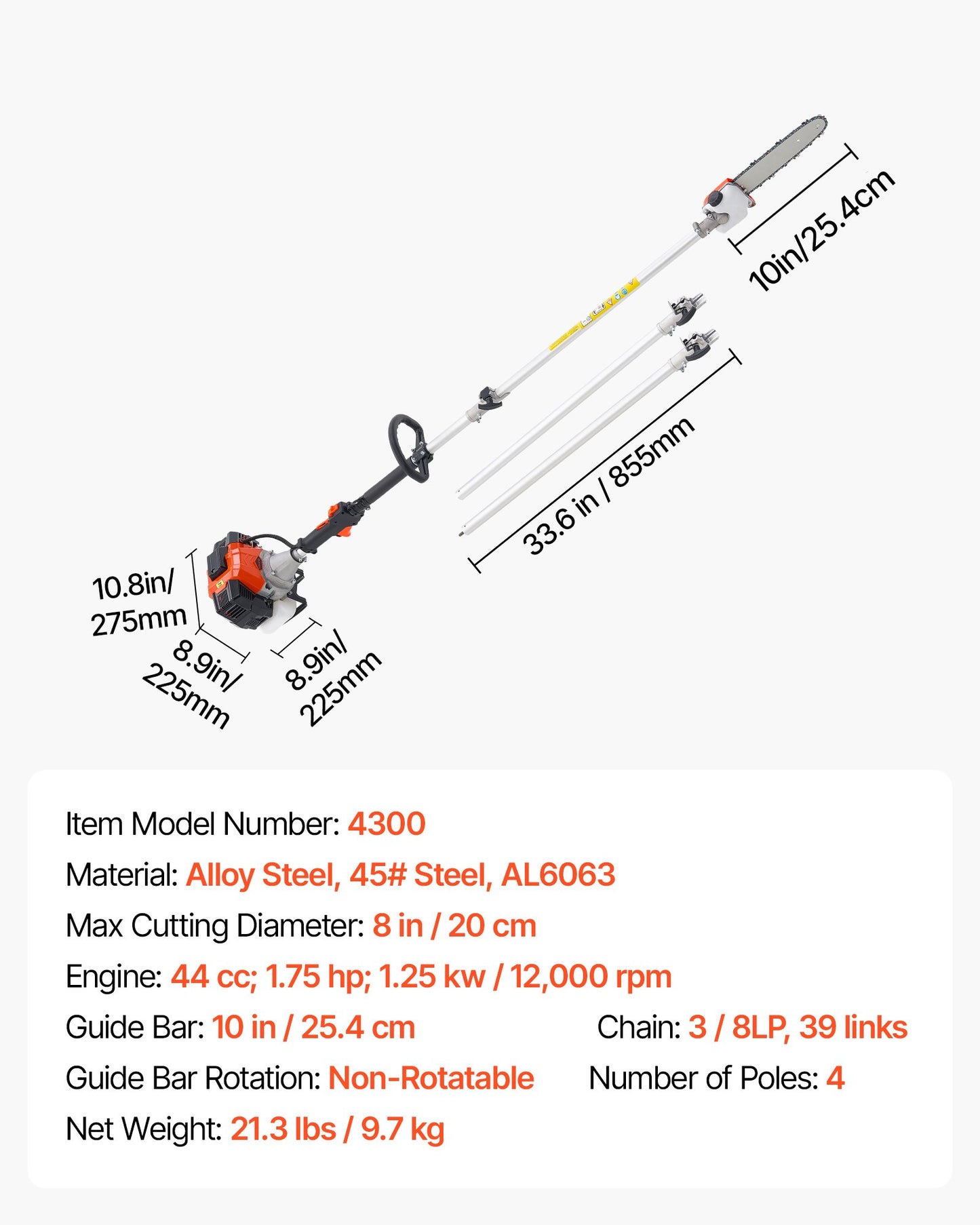 Gas Pole Saw, 43CC 2 Stroke Gas Powered Pole Saws with 10 in Cutting Bar, Cordless Tree Trimmer with 30 fl.oz Fuel Tank, 6.8 to 11.7 ft Extendable, Powerful Chainsaw for Tree Trimming Pruning