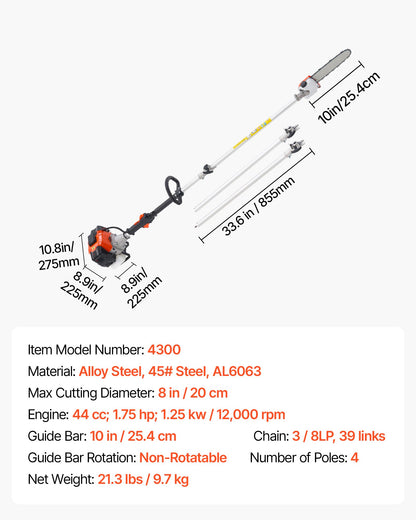 Gas Pole Saw, 43CC 2 Stroke Gas Powered Pole Saws with 10 in Cutting Bar, Cordless Tree Trimmer with 30 fl.oz Fuel Tank, 6.8 to 11.7 ft Extendable, Powerful Chainsaw for Tree Trimming Pruning
