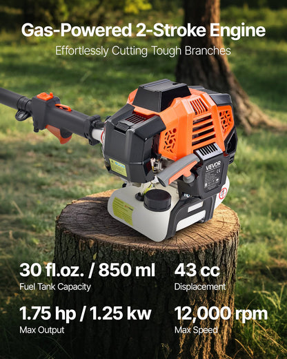 Gas Pole Saw, 43CC 2 Stroke Gas Powered Pole Saws with 10 in Cutting Bar, Cordless Tree Trimmer with Rotatable Head, 6.9 to 11.8 ft Extendable, Powerful Chainsaw for Tree Trimming Pruning