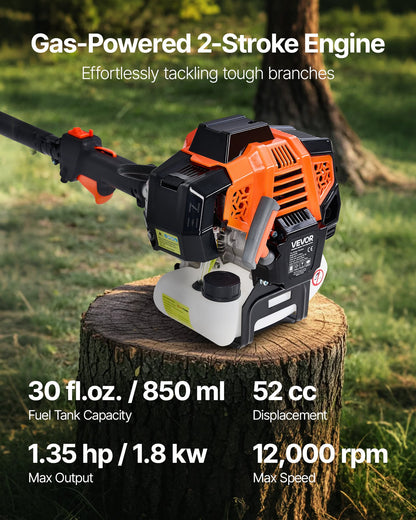 Gas Pole Saw, 52CC 2 Stroke Gas Powered Pole Saws with 14 in Cutting Bar, Cordless Tree Trimmer with 30 fl.oz Fuel Tank, 7.2 to 10 ft Extendable, Powerful Chainsaw for Tree Trimming Pruning