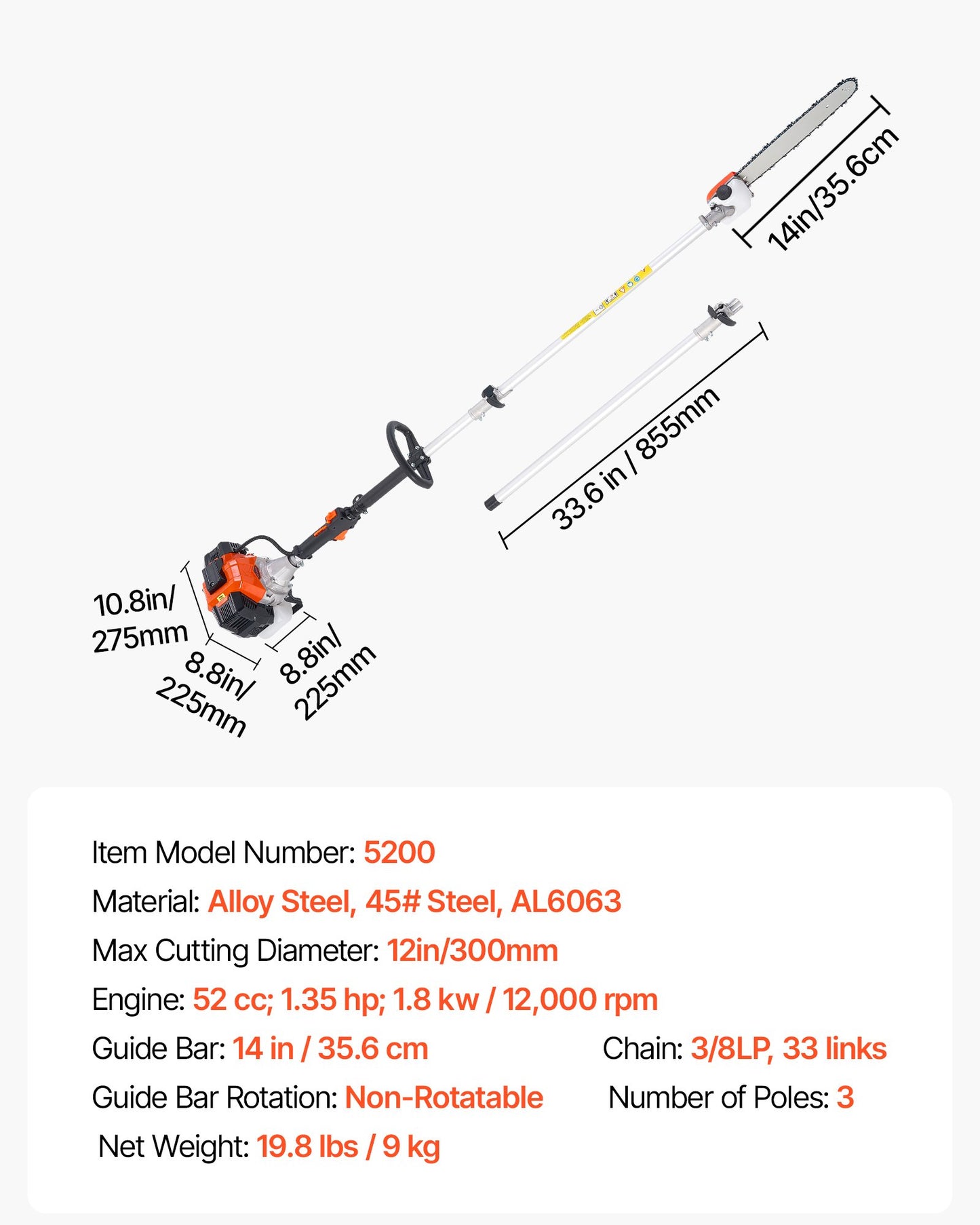 Gas Pole Saw, 52CC 2 Stroke Gas Powered Pole Saws with 14 in Cutting Bar, Cordless Tree Trimmer with 30 fl.oz Fuel Tank, 7.2 to 10 ft Extendable, Powerful Chainsaw for Tree Trimming Pruning