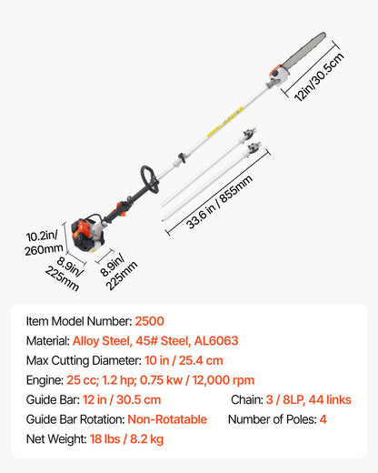 Gas Pole Saw, 25CC 2 Stroke Gas Powered Pole Saws with 12 in Cutting Bar, Cordless Tree Trimmer with 23 fl.oz Fuel Tank, 7 to 12 ft Extendable, Powerful Chainsaw for Tree Trimming Pruning