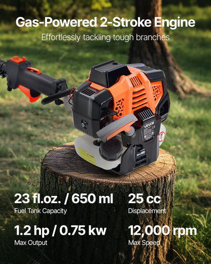 Gas Pole Saw, 25CC 2 Stroke Gas Powered Pole Saws with 8 in Cutting Bar, Cordless Tree Trimmer with 23 fl.oz Fuel Tank, 6.5 to 9 ft Extendable, Powerful Chainsaw for Tree Trimming Pruning