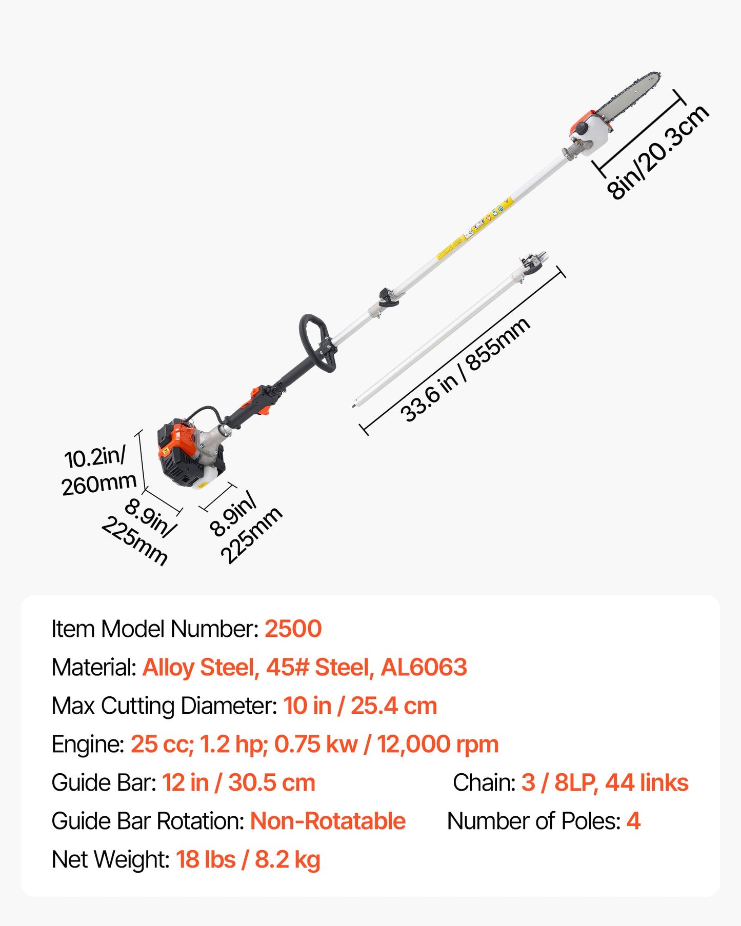 Gas Pole Saw, 25CC 2 Stroke Gas Powered Pole Saws with 8 in Cutting Bar, Cordless Tree Trimmer with 23 fl.oz Fuel Tank, 6.5 to 9 ft Extendable, Powerful Chainsaw for Tree Trimming Pruning