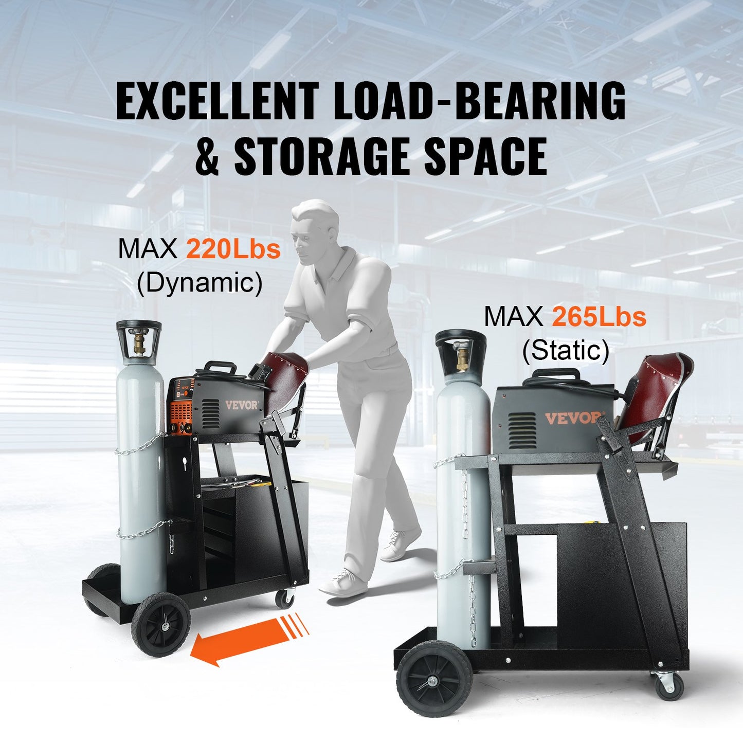 Svetsvagn, 2-nivå 4 lådor svetsvagn med 265 LBS viktkapacitet, 360° svängbara hjul, tankförvaring säkerhetskedjor, tunga rullande MIG-svetsvagn för migsvetsare och plasmaskärare