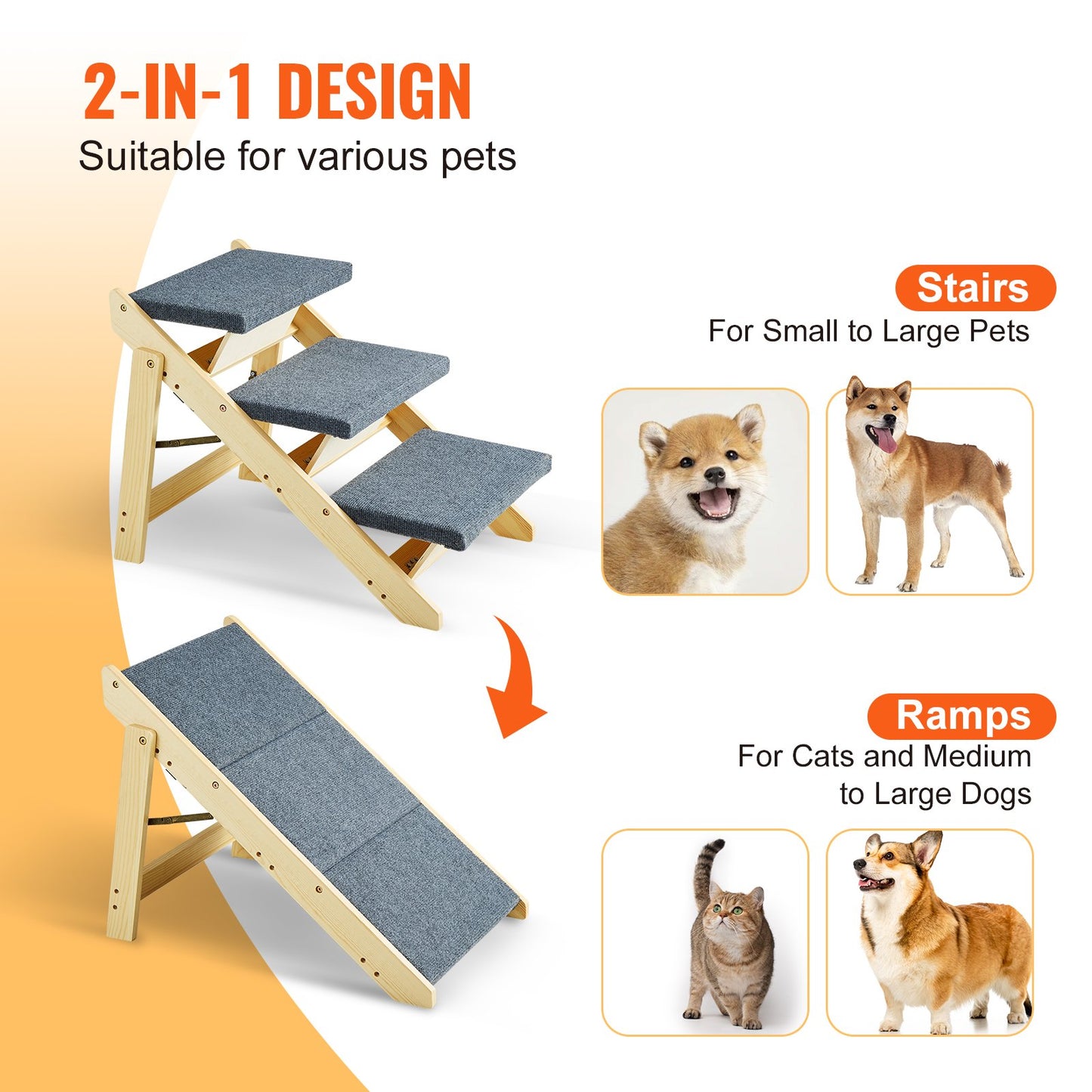 Haustiertreppe aus Holz mit 3 Stufen, 2-in-1, faltbare Hundetreppe, 150 lbs