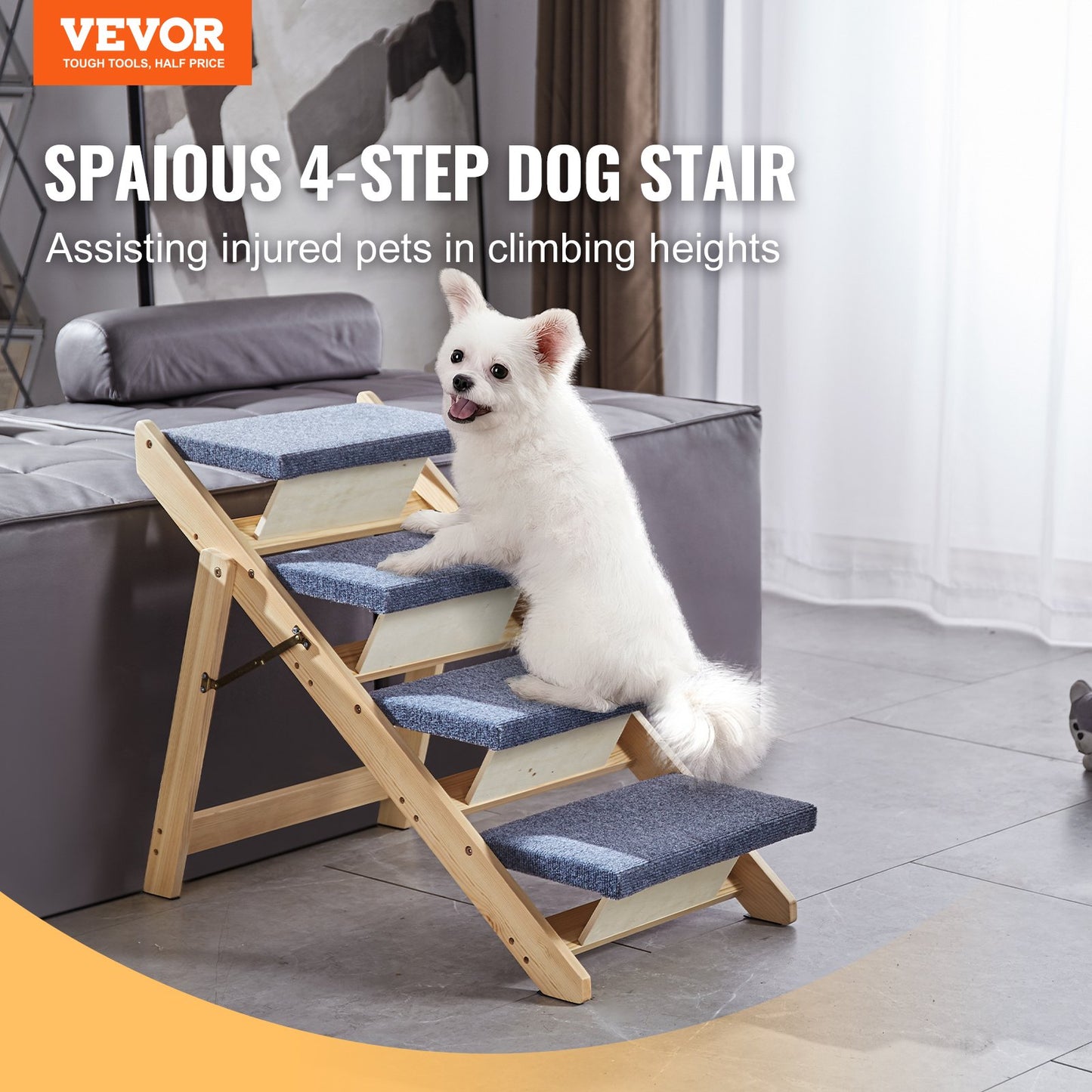 Wooden Pet Stairs with 4 Steps 2-in-1 Foldable Dog Stairs 150 lbs