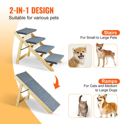 Wooden Pet Stairs with 4 Steps 2-in-1 Foldable Dog Stairs 150 lbs