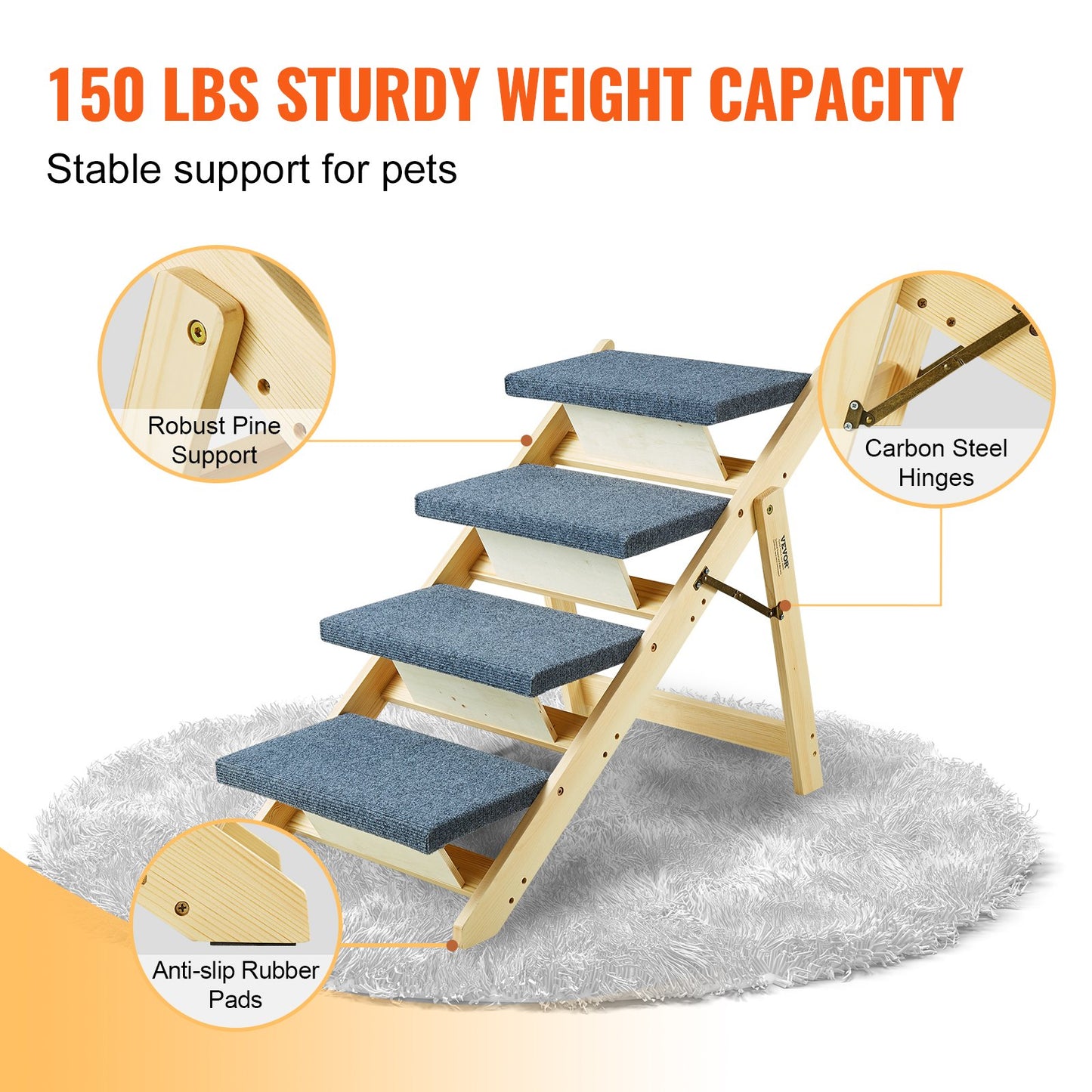 Wooden Pet Stairs with 4 Steps 2-in-1 Foldable Dog Stairs 150 lbs
