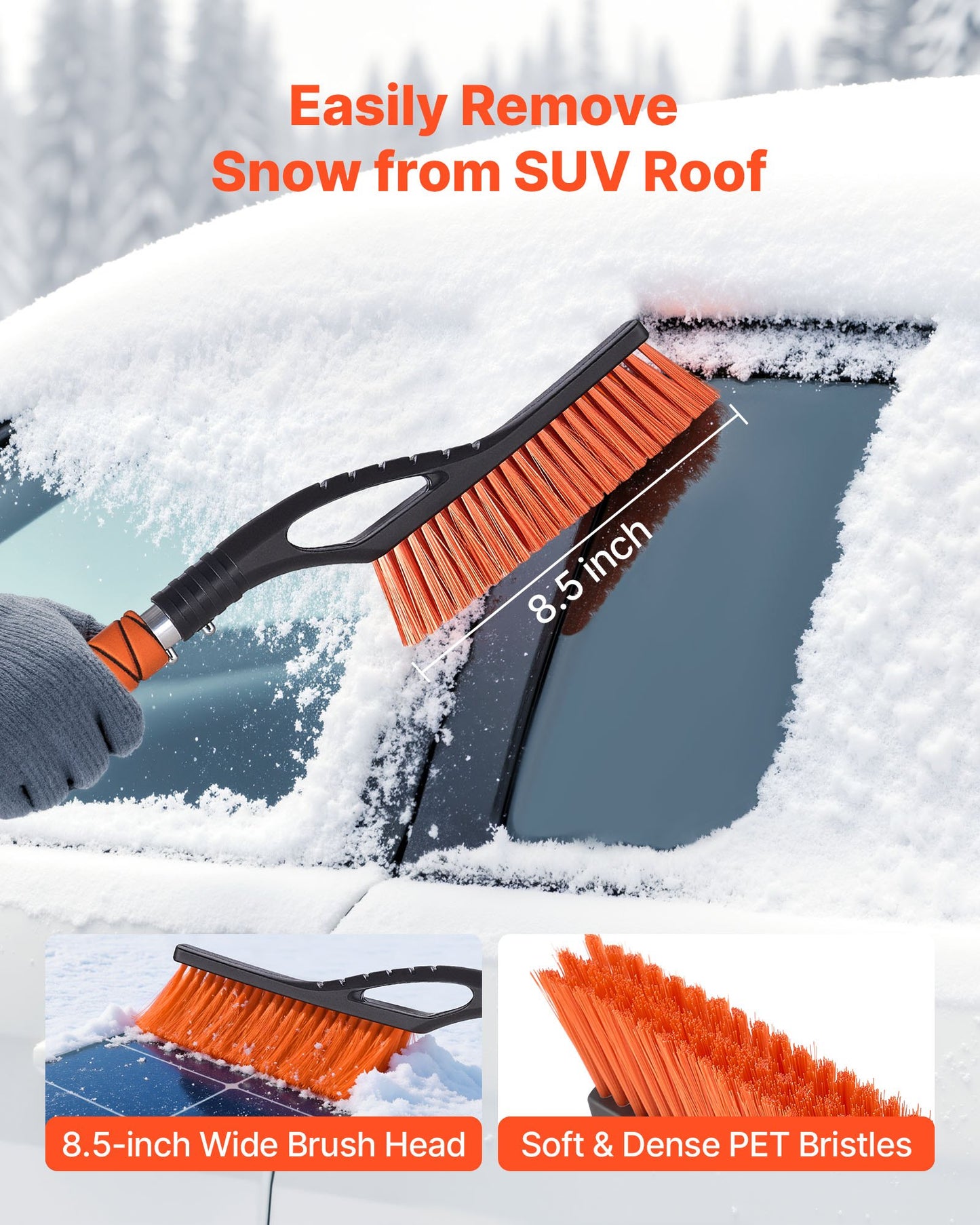 Snow Brush and Ice Scrapers for Car Windshield, 27-inch Aluminum Snow Scraper Removal Tool with Foam Grip & Scratch-Free Bristles, Detachable and Easy-to-Carry for Cars, Trucks, SUVs, RVs