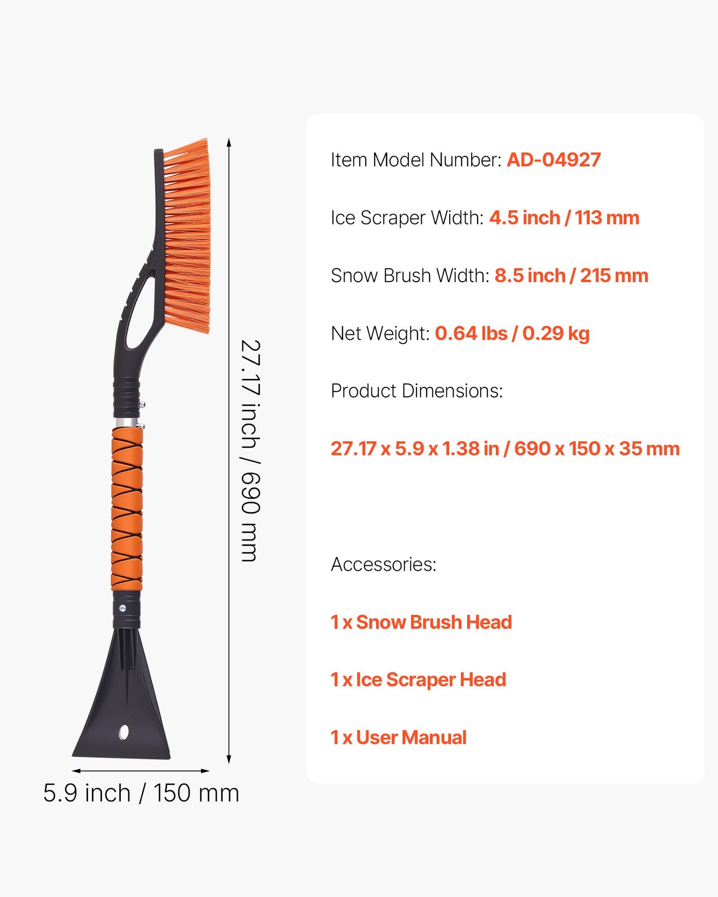 Snow Brush and Ice Scrapers for Car Windshield, 27-inch Aluminum Snow Scraper Removal Tool with Foam Grip & Scratch-Free Bristles, Detachable and Easy-to-Carry for Cars, Trucks, SUVs, RVs