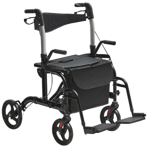 2 in 1 Rollator Walker & Transport Chair for Seniors, Folding Rolling Walker Wheelchair Combo & Footrests, Lightweight Aluminum Mobility Walker with Adjustable Handle, All Terrain Wheels, 300LBS