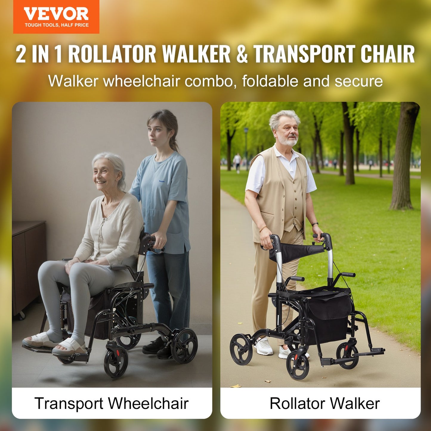 2 i 1 Rollator Walker & Transportstol för seniorer, hopfällbar Rolling Walker Rullstol Combo & Fotstöd, Lätt aluminium Mobility Walker med justerbart handtag, terränghjul, 136 kg