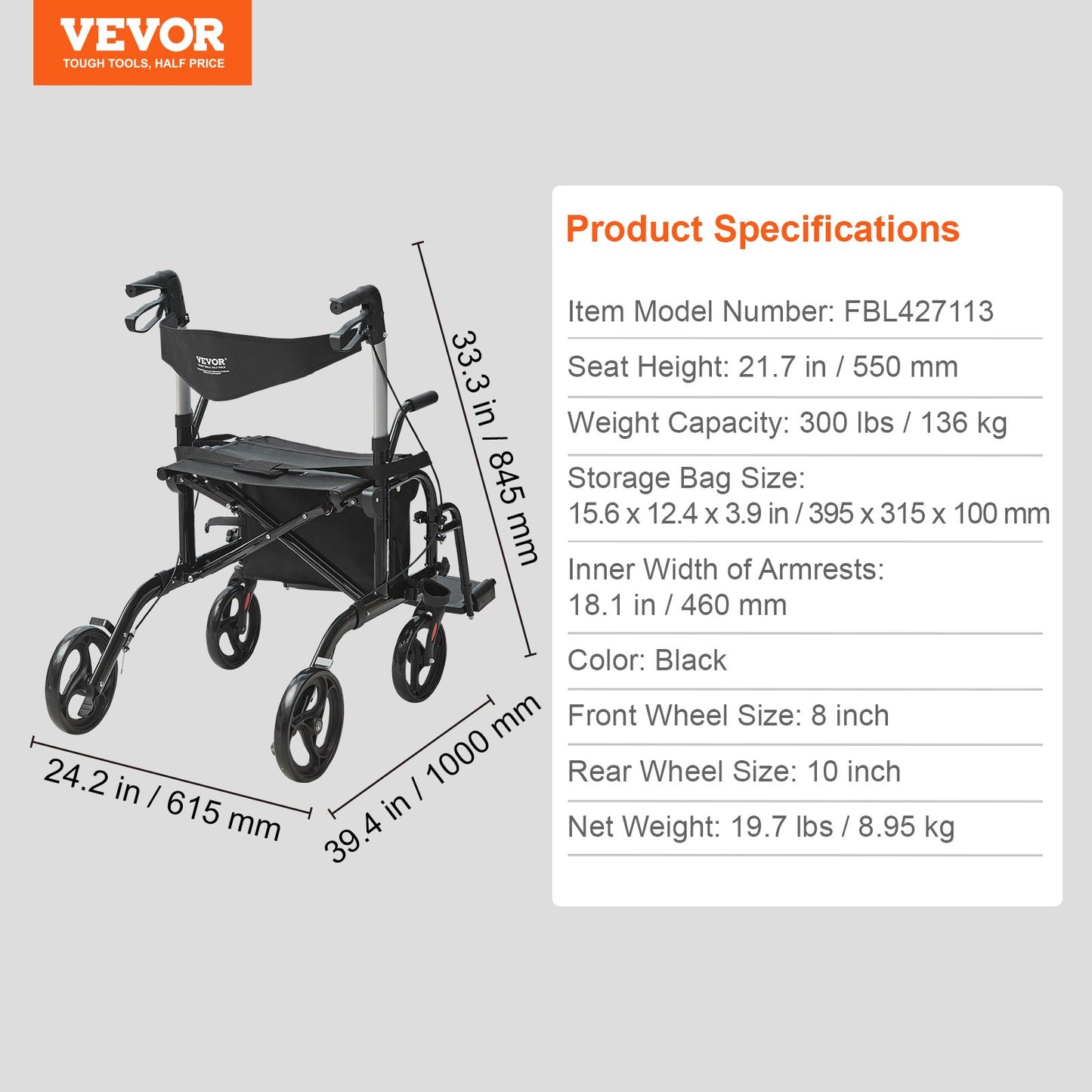 2 i 1 Rollator Walker & Transportstol för seniorer, hopfällbar Rolling Walker Rullstol Combo & Fotstöd, Lätt aluminium Mobility Walker med justerbart handtag, terränghjul, 136 kg