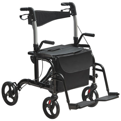 2 i 1 Rollator Walker & Transportstol för seniorer, hopfällbar Rolling Walker Rullstol Combo & Fotstöd, Lätt aluminium Mobility Walker med justerbart handtag, terränghjul, 136 kg