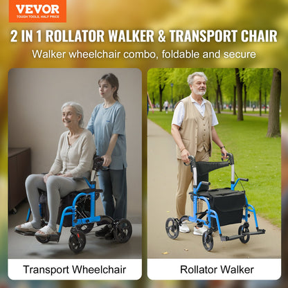 2 i 1 Rollator Walker & Transport Stol för seniorer, hopfällbar Rolling Walker Rullstol Combo & Fotstöd, Lätt aluminium Mobility Walker med justerbart handtag, terränghjul, 300 LBS