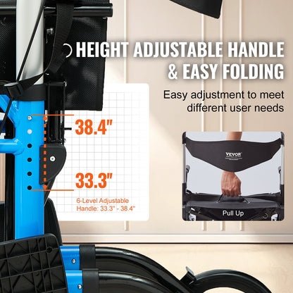 2 i 1 Rollator Walker & Transport Stol för seniorer, hopfällbar Rolling Walker Rullstol Combo & Fotstöd, Lätt aluminium Mobility Walker med justerbart handtag, terränghjul, 300 LBS