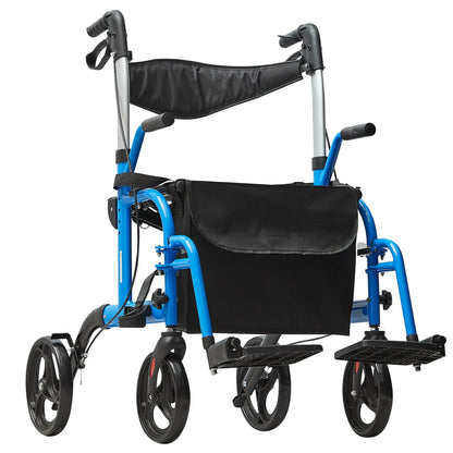 2 i 1 Rollator Walker & Transport Stol för seniorer, hopfällbar Rolling Walker Rullstol Combo & Fotstöd, Lätt aluminium Mobility Walker med justerbart handtag, terränghjul, 300 LBS