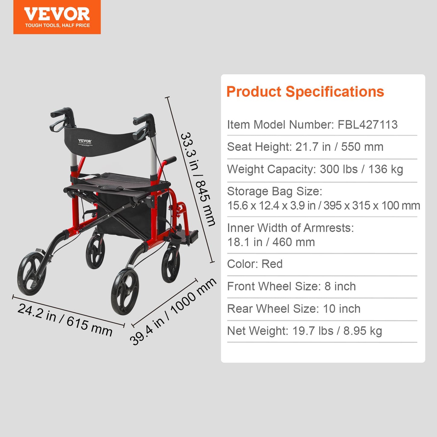 2 i 1 Rollator Walker & Transportstol för seniorer, hopfällbar Rolling Walker Rullstol Combo & Fotstöd, Lätt aluminium Mobility Walker med justerbart handtag, terränghjul, 136 kg