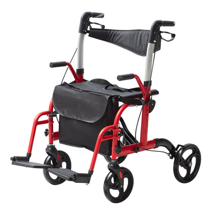 2 i 1 Rollator Walker & Transportstol för seniorer, hopfällbar Rolling Walker Rullstol Combo & Fotstöd, Lätt aluminium Mobility Walker med justerbart handtag, terränghjul, 136 kg