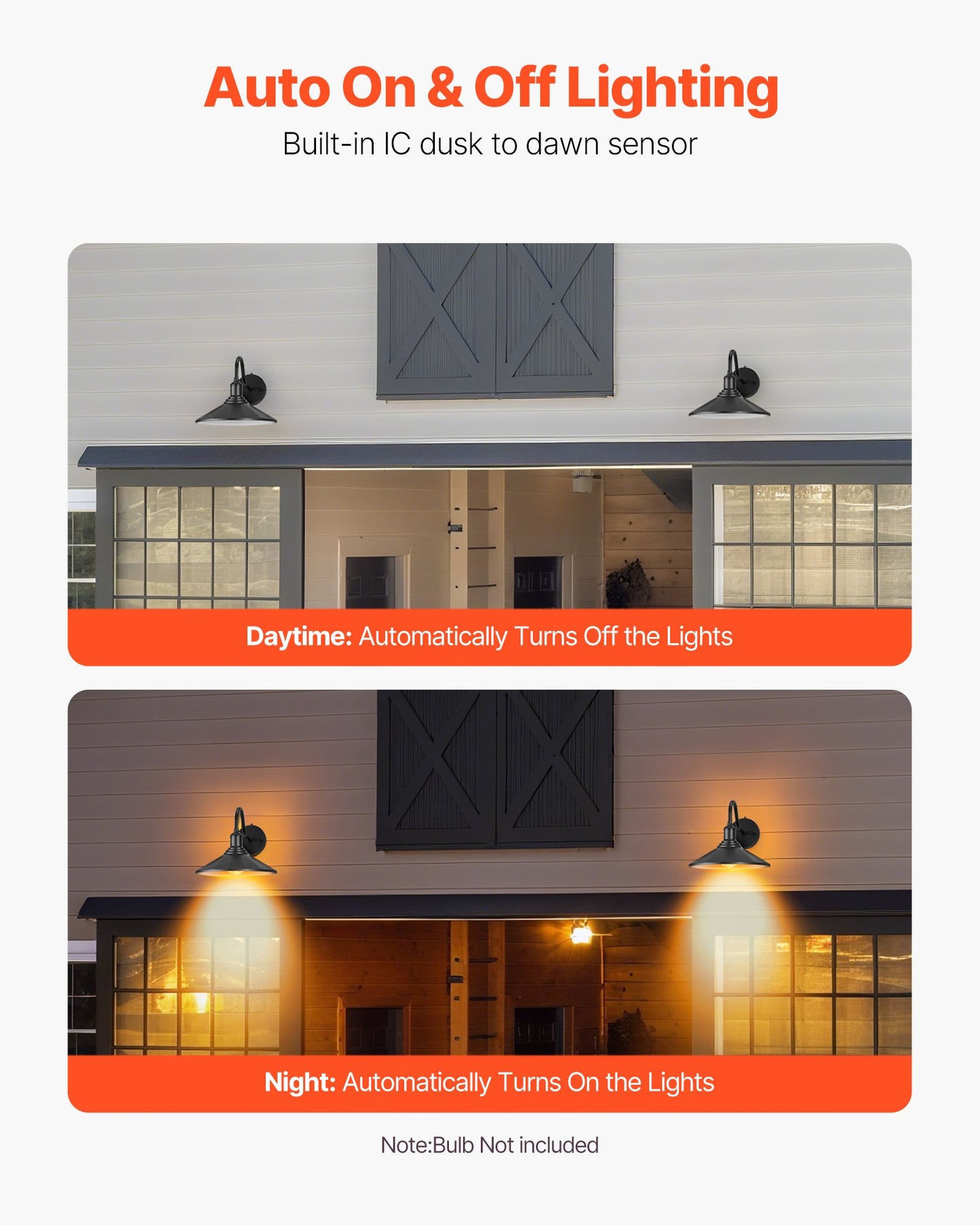Outdoor Barn Light, 11.5 in Diameter, 2-Pack Farmhouse Gooseneck Light Fixture, Dusk to Dawn Exterior Wall Sconce, with Anti-Rust, E26 Bulb Compatible for Porch, House, Entryway, Garage, Black