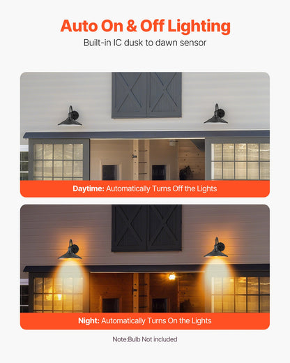 Outdoor Barn Light, 11.5 in Diameter, 2-Pack Farmhouse Gooseneck Light Fixture, Dusk to Dawn Exterior Wall Sconce, with Anti-Rust, E26 Bulb Compatible for Porch, House, Entryway, Garage, Black