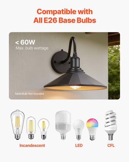 Outdoor Barn Light, 11.5 in Diameter, 2-Pack Farmhouse Gooseneck Light Fixture, Dusk to Dawn Exterior Wall Sconce, with Anti-Rust, E26 Bulb Compatible for Porch, House, Entryway, Garage, Black