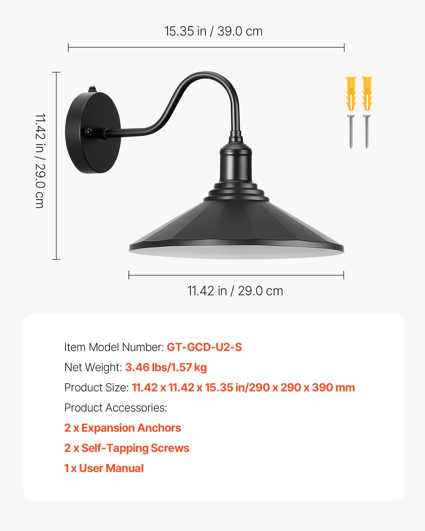 Outdoor Barn Light, 11.5 in Diameter, 2-Pack Farmhouse Gooseneck Light Fixture, Dusk to Dawn Exterior Wall Sconce, with Anti-Rust, E26 Bulb Compatible for Porch, House, Entryway, Garage, Black