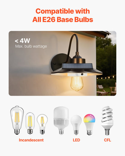 Solar Outdoor Barn Light, 3 Lighting Modes and Motion Sensor, 1-Pack Gooseneck Light Fixture,Farmhouse Wall Sconce, with E26 Bulb Compatible, Waterproof for Porch, House, Entryway, Garage, Black