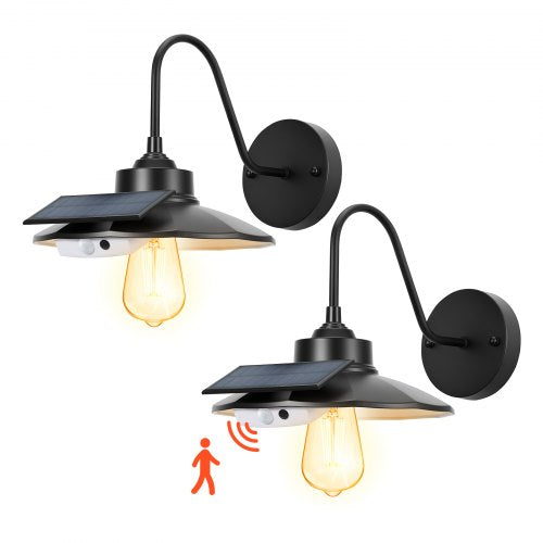 Solar Outdoor Barn Light, 3 Lighting Modes and Motion Sensor, 2-Pack Gooseneck Light Fixture, Farmhouse Wall Sconce, with E27 Bulb Compatible, Waterproof for Porch, House, Entryway, Garage, Black