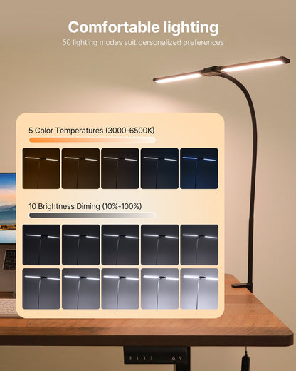 LED Desk Lamp with Clamp, Double Head Architect Desk Lamp for Home Office, Eye-Caring Desk Light with 360° Adjustable Gooseneck, 50 Lighting Modes & Timer Function for Studying Working Drawing