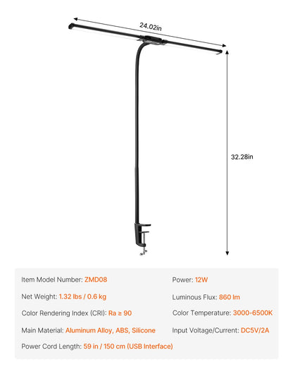 LED Desk Lamp with Clamp, Double Head Architect Desk Lamp for Home Office, Eye-Caring Desk Light with 360° Adjustable Gooseneck, 50 Lighting Modes & Timer Function for Studying Working Drawing