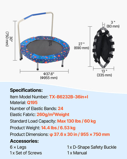 36" Kids Trampoline, 3FT Indoor Outdoor Trampoline, Foldable Mini Trampoline with Handle, Rebounder Trampoline for Toddlers, Birthday Gift for 3+ Years Children, Boys Girls for Fun, Bule