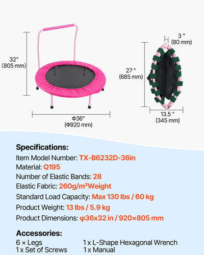 36" Kids Trampoline, 3FT Indoor Outdoor Trampoline, Foldable Mini Trampoline with Handle, Rebounder Trampoline for Toddlers, Birthday Gift for 3+ Years Children, Boys Girls for Fun, Pink
