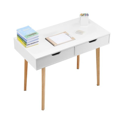 Small Desk with Drawers, Kids Desk for Bedroom, Wooden Simple Study Table for Drawing, Reading, Writing, Rectangle MDF Furniture Study Storage Table for Home, Office, White + Wood